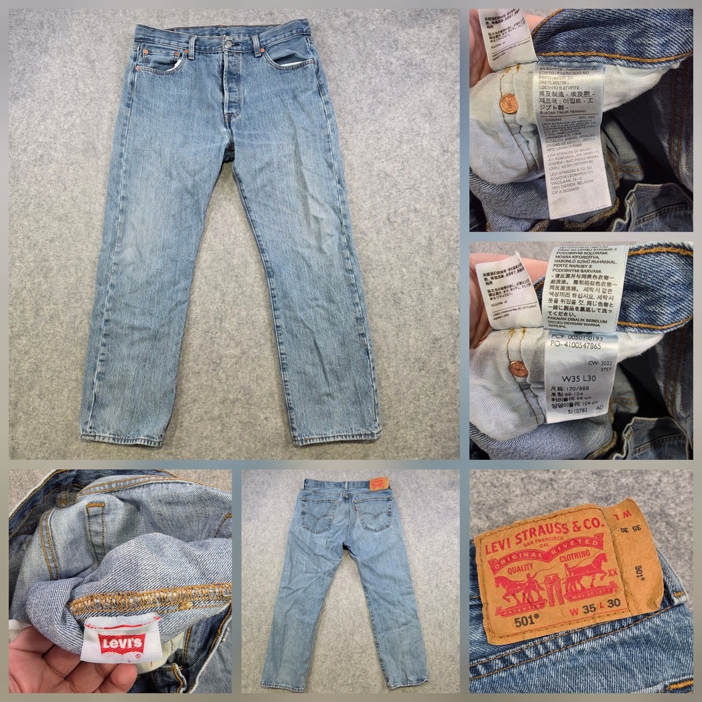 Levis 501 Jeans Mens 35x30 Light Wash Blue Button Fly Straight Denim Made Egypt